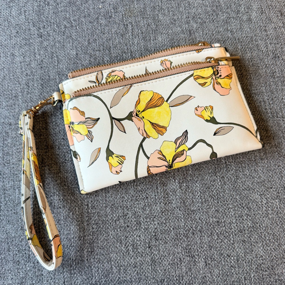 A New Day Floral Wristlet Wallet Cream Yellow Zip Pouch - Picture 3 of 8